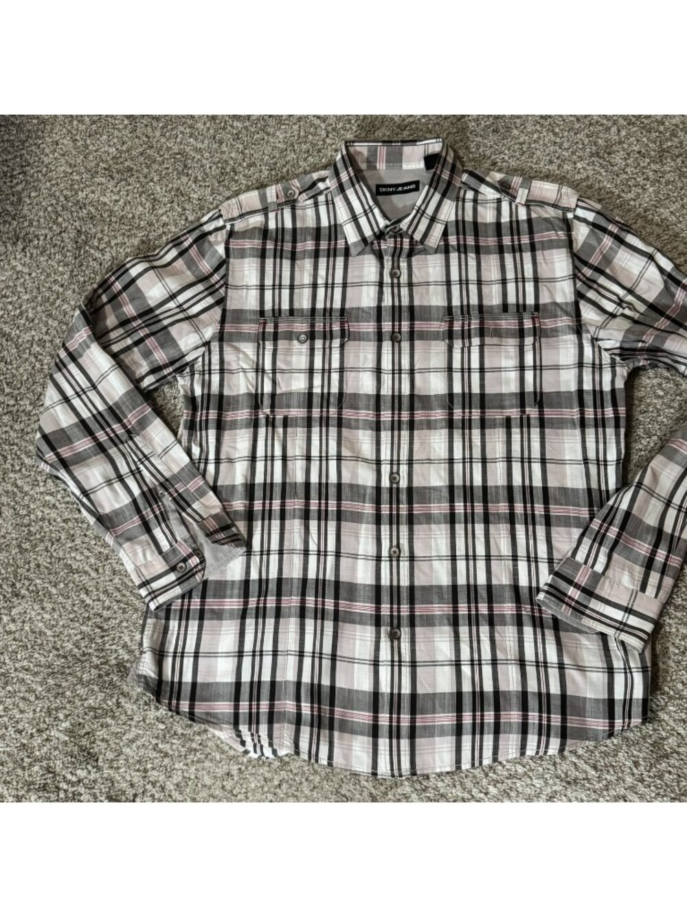 DKNY JEANS Shirt Men's Large L Plaid Casual Button Down White Black Gray Pink